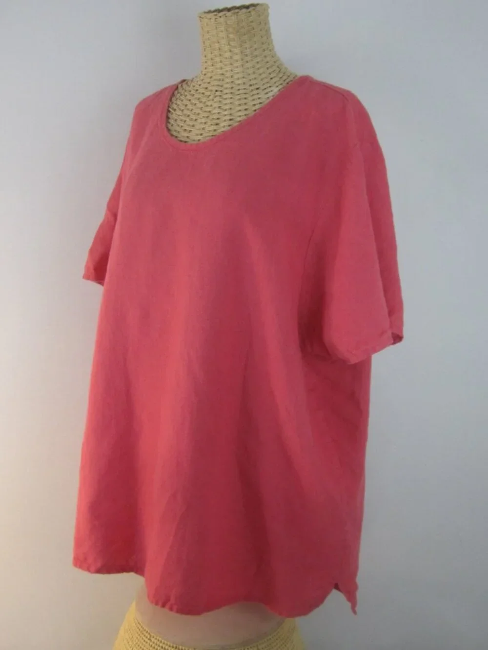 Vtg FLAX Women L Red 100% Woven Linen Short Sleeve Relaxed Shirt Top Tunic  52